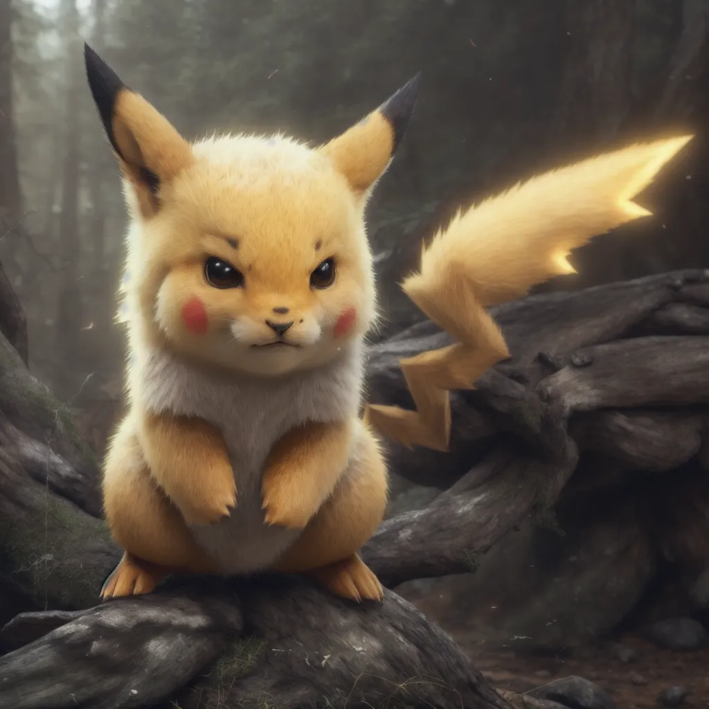 The image shows a Pikachu, which is a fictional creature from the Pokémon franchise. It is a small, yellow, and furry creature with a long, pointed tail. It has black-tipped ears and red cheeks. In this image, Pikachu is standing on a tree stump in a forest. It is looking at the viewer with a curious expression. The background of the image is blurry and consists of trees and rock