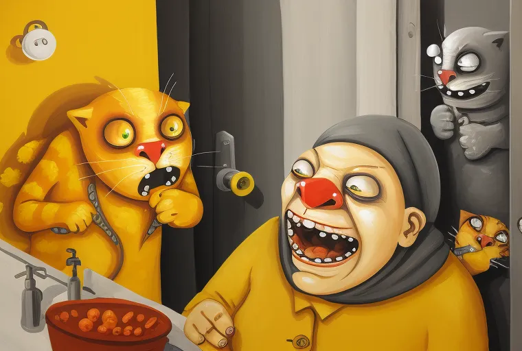 The image shows a room with yellow walls and a gray floor. There is a sink, a toilet, and a towel rack on the walls. There is a strange-looking man with a red nose and a yellow jacket standing in the middle of the room. He is holding a bowl of carrots. There are two cats in the room. One cat is sitting on the sink and the other cat is hiding behind the door. The cat on the sink is looking at the man with a scared expression. The cat behind the door is looking at the man with an angry expression.