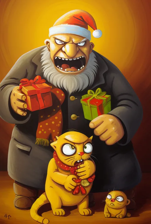 The image is a painting of a man dressed in a Santa suit. He has a mean expression on his face and is holding two wrapped presents in his hands. He is also holding a cat by the scruff of its neck. The cat has a look of fear on its face. There is another cat on the floor beside them that looks shocked. The painting is done in a realistic style and the colors are very vibrant.