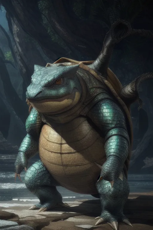 L'image montre un Blastoise réaliste, un personnage de Pokémon. C'est une grande créature bleue ressemblant à une tortue avec une carapace brune. Il se tient sur une plage rocheuse, avec une forêt d'arbres derrière lui. Le Blastoise regarde le spectateur avec ses yeux jaunes. Il a une expression sérieuse sur son visage. L'image est très détaillée, et le Blastoise semble très réaliste.