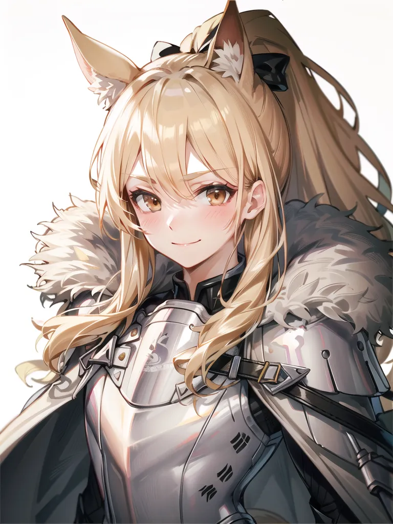 The image shows a young woman with long blonde hair and fox ears. She is wearing a white and gray bodysuit with a silver breastplate. She has a friendly smile on her face.