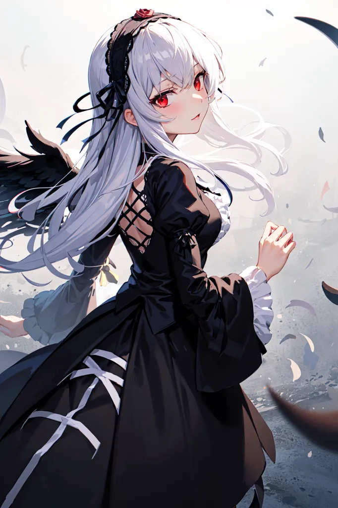 The image is of an anime girl with long white hair and red eyes. She is wearing a black dress with a white collar and a red rose in her hair. She has black wings and is standing in a dark, ruined city. There are white feathers falling around her.