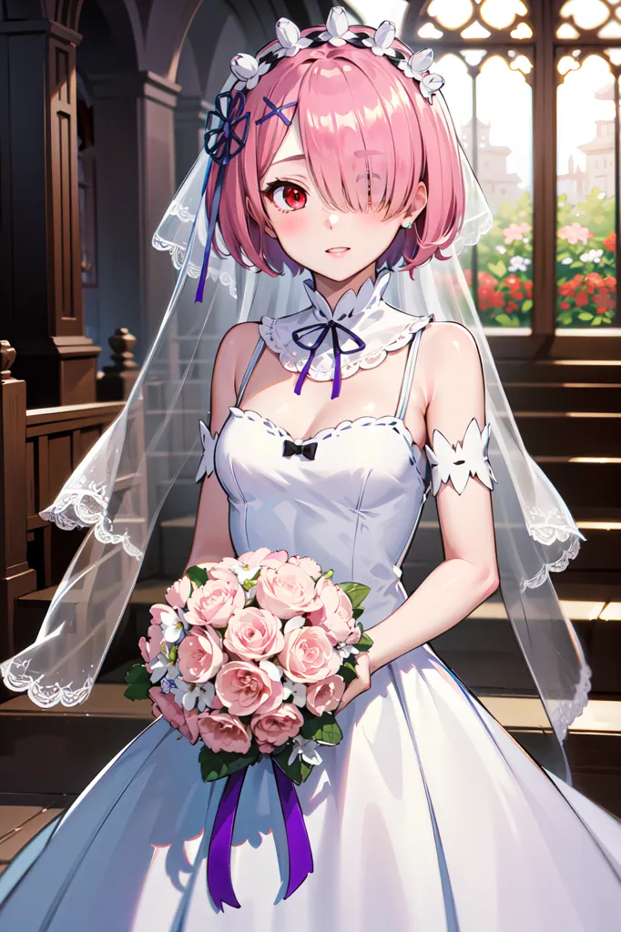 The image is of a young woman, presumably a bride, wearing a white wedding dress with a long veil. The dress has a sweetheart neckline and a fitted bodice. The skirt is full and flows out from the hips. The woman has pink hair that is styled in a half-up, half-down hairstyle. She is wearing a small tiara on her head and a veil that is held in place by a floral hairpiece. She is carrying a bouquet of pink roses with a purple ribbon. The background is a church, with a stained glass window and wooden pews.