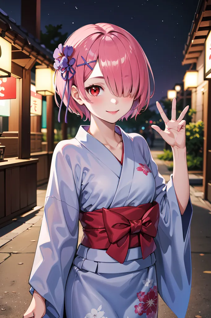 La imagen es de una mujer joven, con el cabello rosa y los ojos rojos, que lleva un kimono con un patrón floral. El kimono tiene un obi rojo atado alrededor de la cintura. La mujer está de pie en una calle con faroles de papel de fondo. Tiene una sonrisa en el rostro y está levantando la mano derecha al aire.