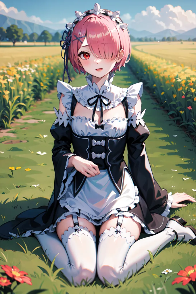 The image is of a young woman with pink hair and red eyes. She is wearing a black and white maid outfit. She is sitting on the grass in a field of flowers. There are mountains in the distance. The sky is blue and there are white clouds.