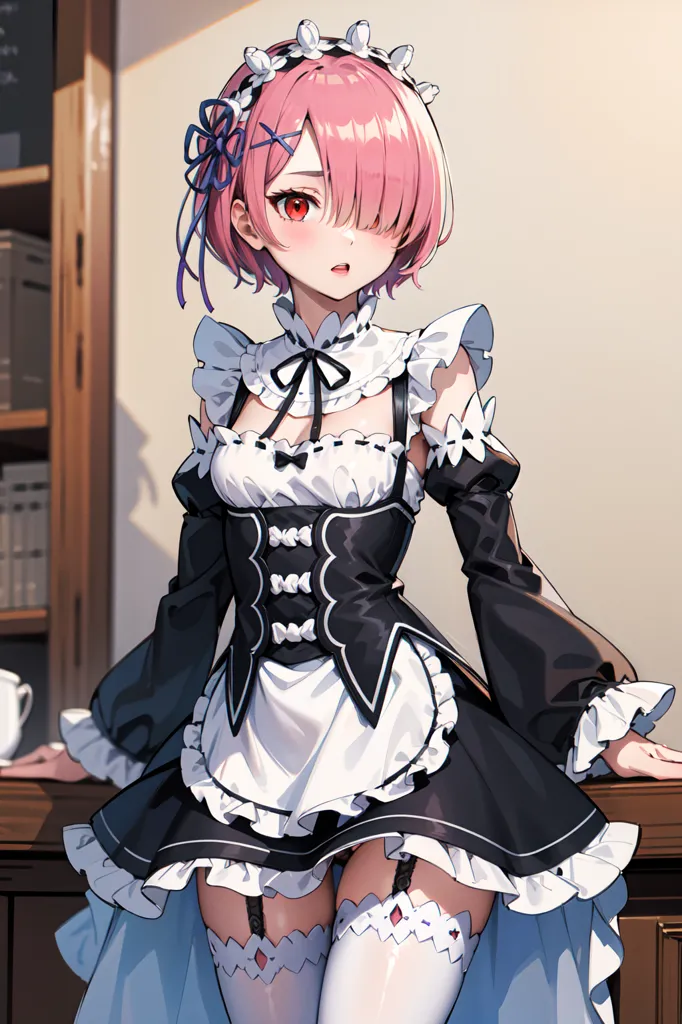 The image is of a young woman with pink hair and red eyes. She is wearing a black and white maid outfit. She is standing in a room with a wooden table and a bookshelf. The woman is looking at the viewer with a slightly embarrassed expression on her face.