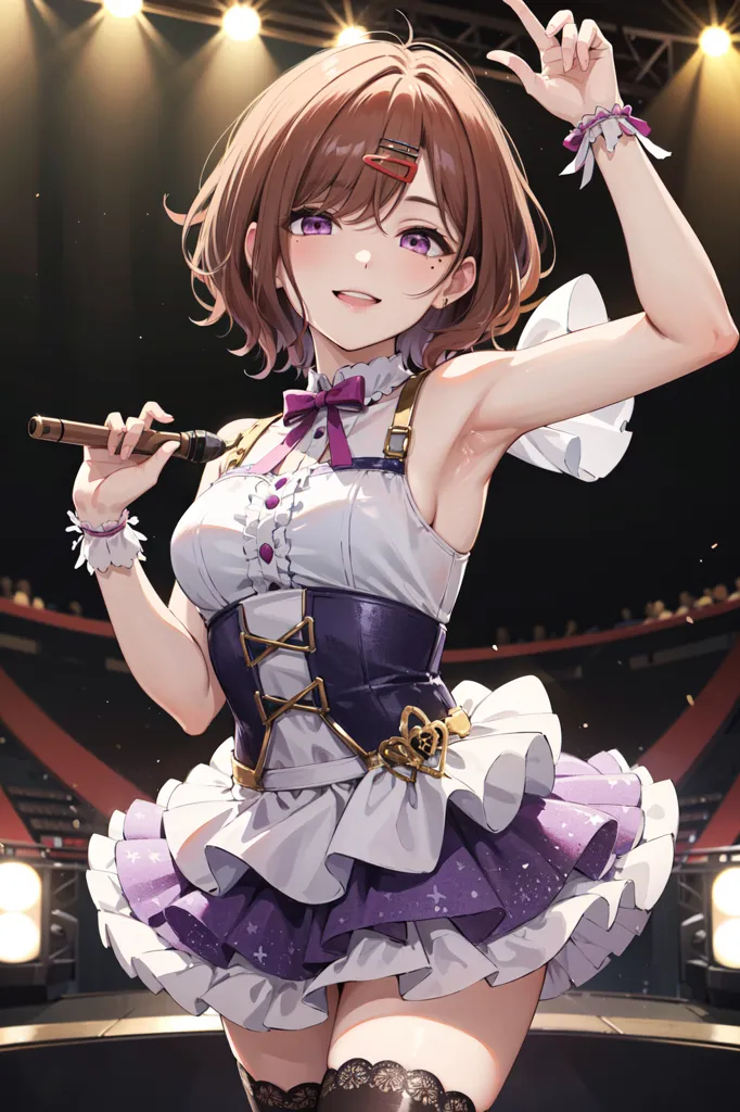 The image depicts a young woman with brown hair and purple eyes. She is wearing a white and purple dress with a corset and a ruffled skirt. She is also wearing black stockings and purple boots. She is holding a microphone in her right hand and has her left hand raised in the air. She is standing on a stage with spotlights shining on her. There is an audience in the background.