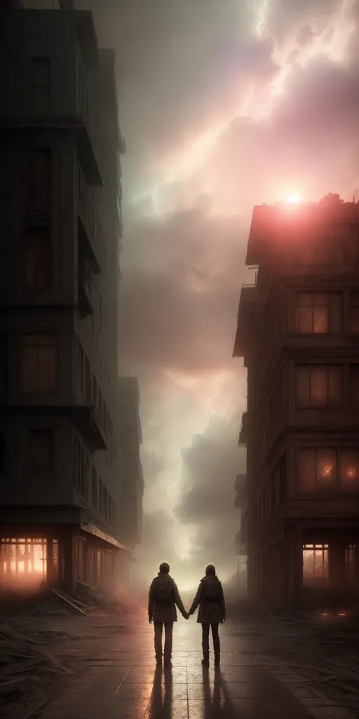 The image is set in a post-apocalyptic city. The sky is dark and cloudy, and the buildings are in ruins. There are two figures walking down the street, holding hands. They are both wearing long coats and backpacks. The image is full of despair and hopelessness.