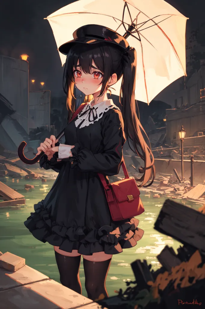 The image is of an anime girl with long black hair and red eyes. She is wearing a black hat, a black dress, and a red purse. She is holding a white umbrella and standing in a ruined city. There is water on the ground and debris everywhere. The girl is looking at the camera with a sad expression on her face.