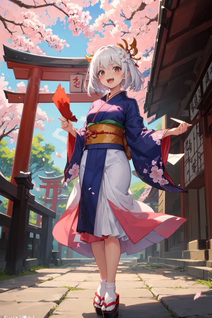 The image is a depiction of a young girl in a traditional Japanese kimono. She has long white hair and pink eyes, and is wearing a red and white haori over her kimono. The girl is standing in a street with a traditional Japanese house in the background. There are cherry blossoms falling from the trees. The girl is smiling and holding a fan in her right hand.