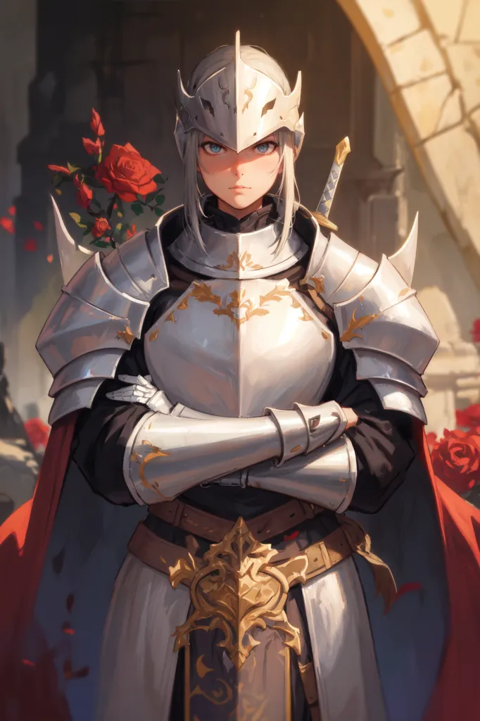 The image is of a female knight in full plate armor. She is standing with her arms crossed in front of her. She has a longsword sheathed on her left hip and a rose in her right hand. The knight is standing in front of a stone archway. There are red rose petals falling around her.