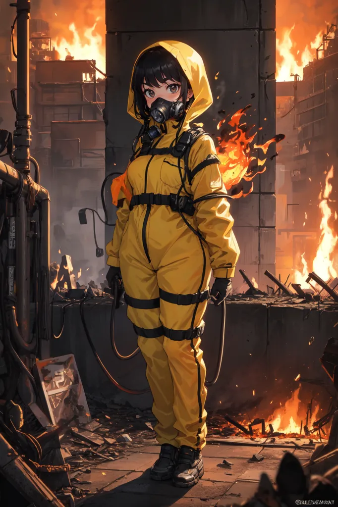 This image shows a girl, with short brown hair, in a yellow hazmat suit, with black and yellow straps, and a black gas mask. She is standing in a destroyed city, with flames all around her. There are also large concrete blocks scattered around her.