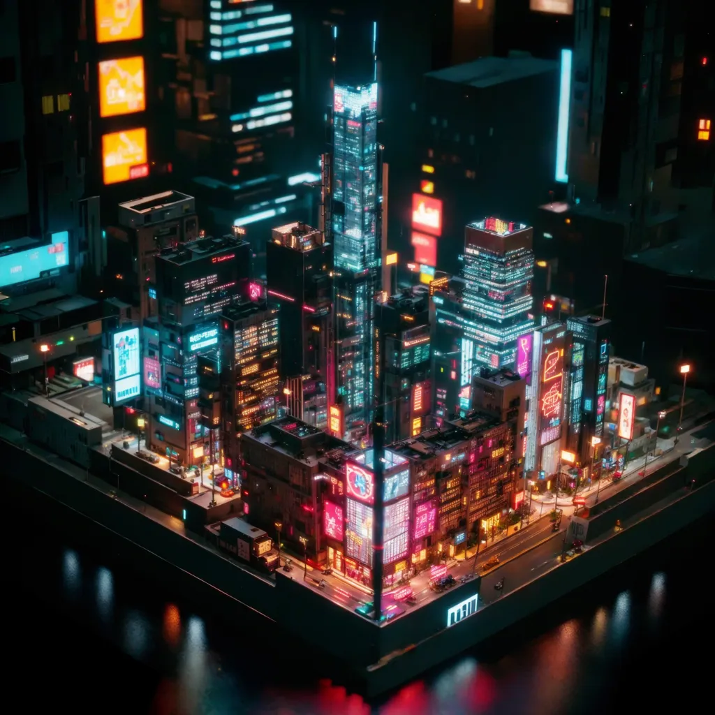 The image shows a futuristic city at night. The city is full of tall buildings, bright lights, and flying cars. The buildings are covered in neon lights and the streets are crowded with people. There is a river running through the middle of the city and there are bridges connecting the two sides. The city is very detailed and looks very realistic.