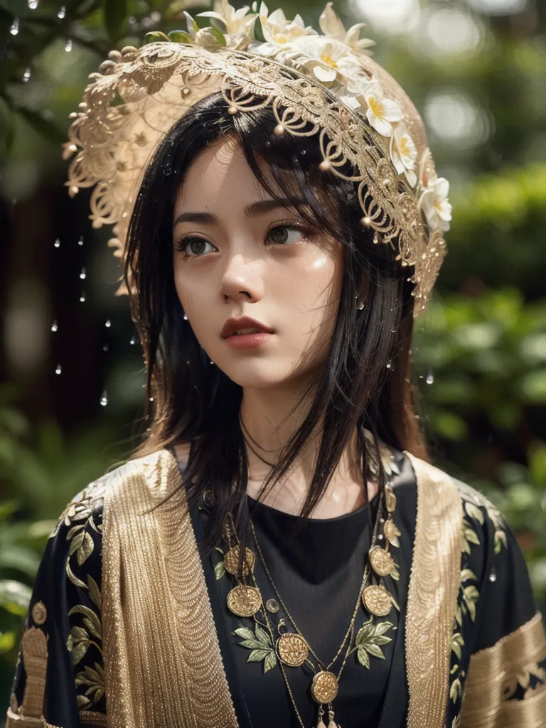 The image shows a young woman with long black hair and light brown eyes. She is wearing a golden headpiece with white flowers and a black and gold embroidered dress with a white camisole underneath. She is standing in a forest and looking to the right of the frame. The background is blurry and consists of green leaves and branches.