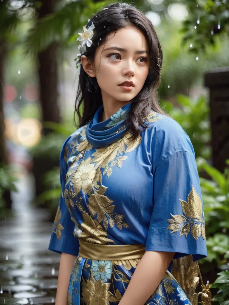 The picture shows a young woman with long dark hair. She is wearing a blue dress with golden floral patterns and a golden belt. There are white flowers in her hair. She is standing in a rainy street and looking thoughtfully into the distance.