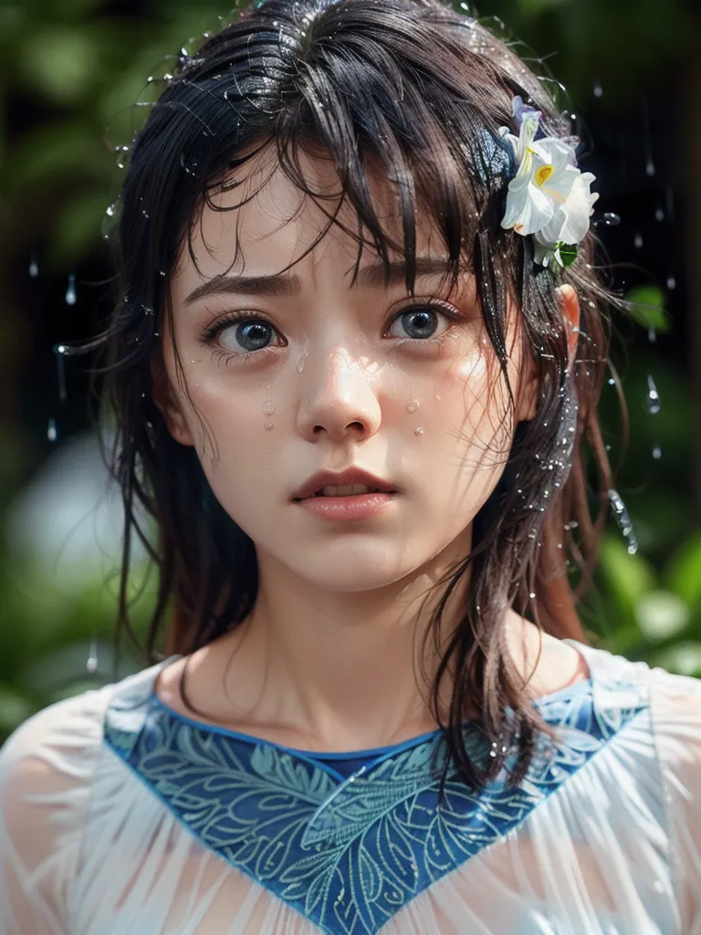 A imagem mostra um close-up do rosto de uma mulher jovem. Ela tem cabelos escuros com uma flor branca neles. Há gotas de chuva em seu rosto e em seu cabelo. Ela está usando um vestido branco com bordados azuis e verdes. Seus olhos são azuis e seus lábios estão ligeiramente entreabertos. Ela olha para a câmera com uma expressão levemente surpresa.