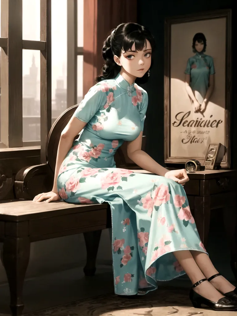 L'image est une peinture d'une jeune femme portant un cheongsam bleu avec un motif floral rose et blanc, assise sur une chaise devant une fenêtre avec des rideaux. La femme a les cheveux noirs attachés en chignon et regarde le spectateur avec un léger sourire. Il y a un tableau au mur derrière elle et une petite table avec une horloge à sa droite.