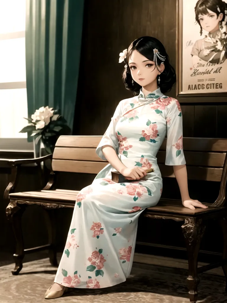 The image shows a young woman sitting on a bench. She is wearing a white cheongsam with a floral pattern. The cheongsam has a high collar and short sleeves. The woman's hair is black and short. She is wearing a white flower in her hair. The woman is sitting on a wooden bench. The bench is painted brown and has a green cushion. The woman is holding a book in her hands. The book is closed. The woman is looking at the book. There is a vase of flowers on the floor next to the bench. The flowers are white and pink. There is a painting on the wall behind the bench. The painting is of two women. The women are both wearing cheongsams. The painting is framed in black.