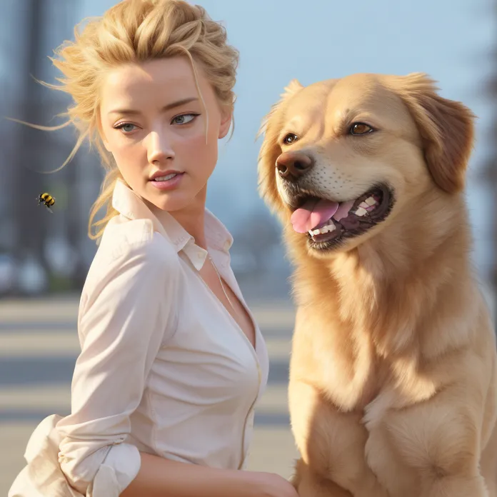 The image shows a woman and a golden retriever dog. The woman is standing next to the dog, and she is looking down at it with a loving expression on her face. The dog is looking up at the woman, and it has a happy expression on its face. The woman is wearing a white shirt, and she has her hair in a ponytail. The dog is wearing a collar. The background of the image is blurry, and it looks like the woman and the dog are in a park.