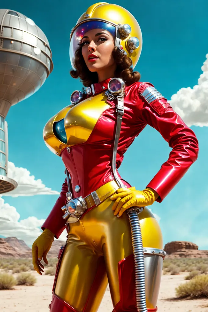 This is an image of a woman wearing a yellow and red spacesuit with a clear bubble helmet. She is standing in a desert landscape with a large silver sphere in the background. The woman has her hand on her hip and is looking to the side. She has brown hair and red lips.