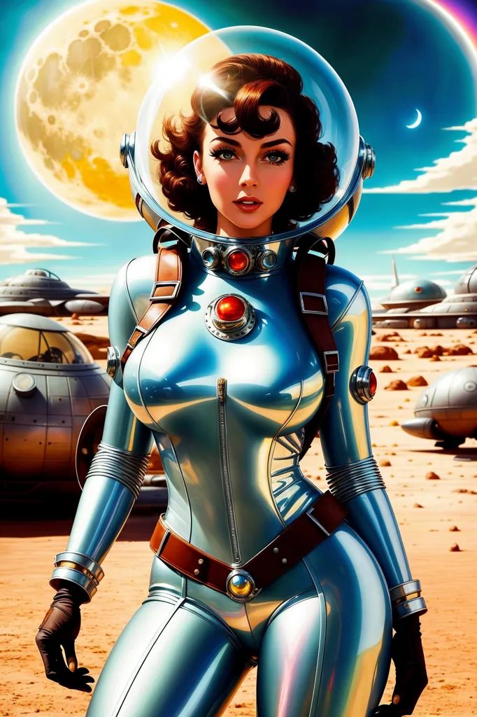 This is an image of a woman in a retro-futuristic spacesuit. She is standing on a rocky moon or desert planet landscape with a large moon or planet in the background. She is wearing a silver jumpsuit with a large clear bubble helmet. There are several retro-futuristic rocket ships in the background.