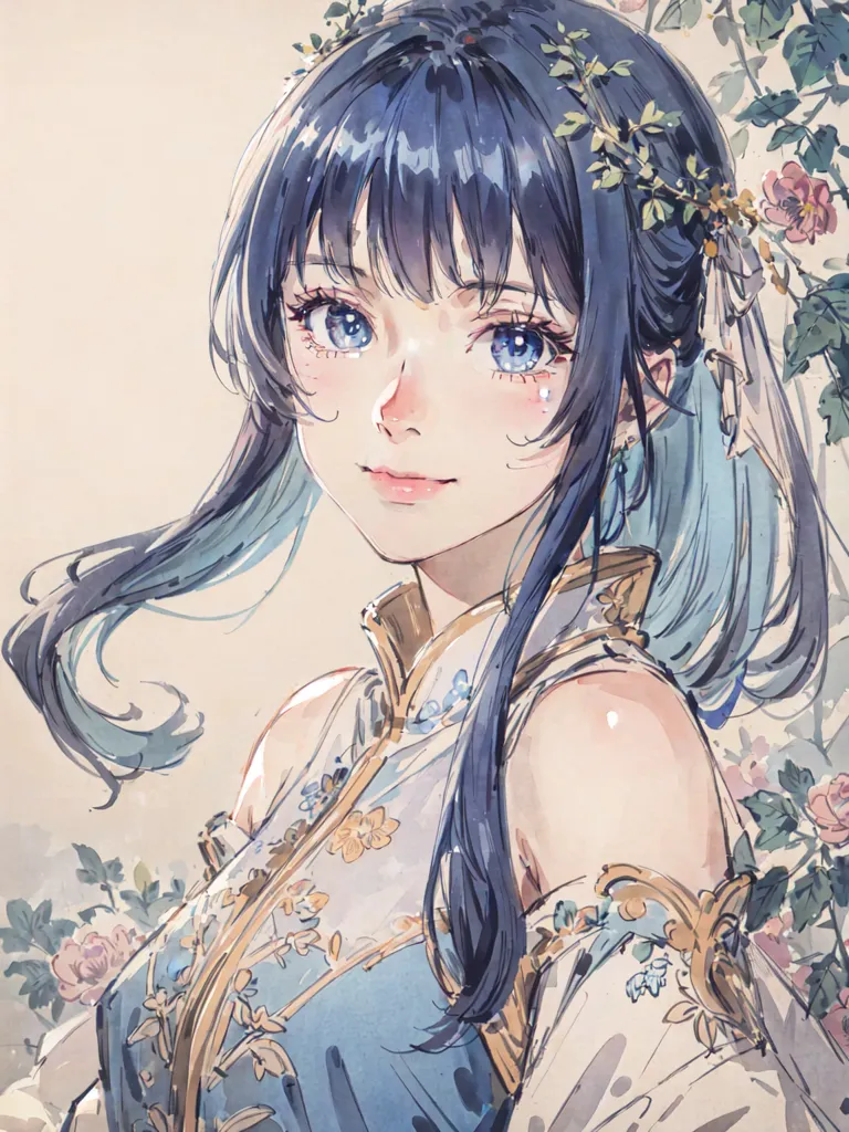 The image is a painting of a young woman with long blue hair and blue eyes. She is wearing a traditional Chinese dress with a white and blue floral pattern. The dress has a high collar and long sleeves. The woman's hair is tied up in a bun with a blue ribbon. She is standing in front of a white background with a pink flower bush to her right. The painting is done in a realistic style and the woman's expression is serene.