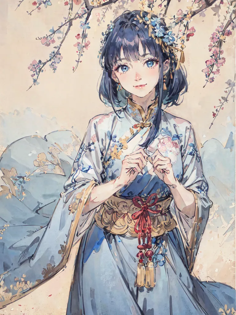 The image is a painting of a young woman in a blue cheongsam. The cheongsam has a floral pattern and is trimmed with red ribbon. The woman has long black hair and blue eyes. She is wearing a red flower in her hair. The background of the painting is a light blue. There are some peach blossoms on the branches. The woman is smiling and looks happy.