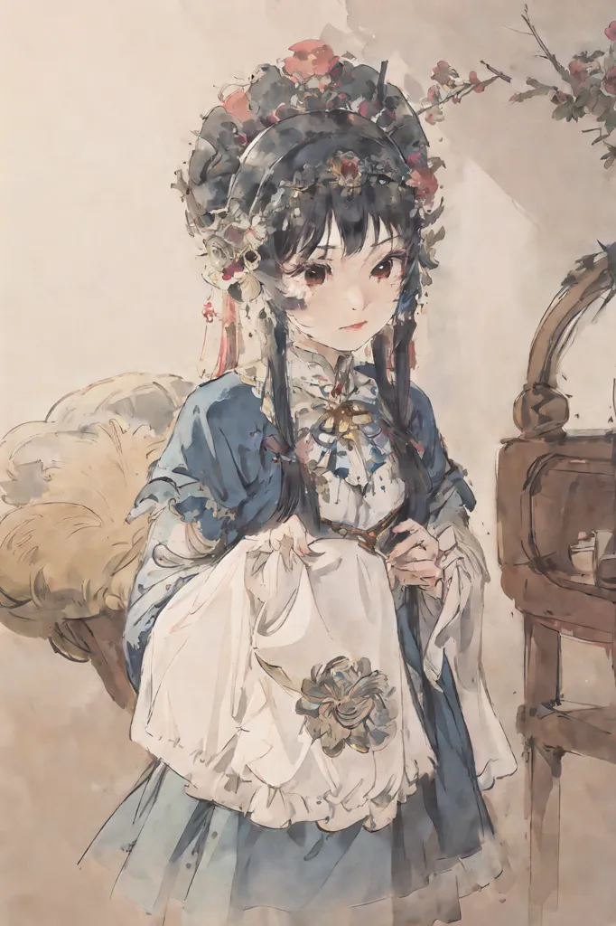 The image is a painting of a young girl in a traditional Chinese dress. She is standing in front of a wooden table. The girl has long black hair and is wearing a blue and white dress with a white apron. The dress has intricate patterns of flowers and leaves. The girl is also wearing a necklace and earrings. Her hair is decorated with a large number of hair accessories, including flowers, beads, and ribbons. The background of the painting is a light grey. The painting is done in a realistic style and the girl's expression is one of happiness and contentment.