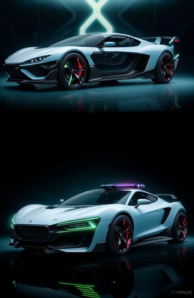 La imagen muestra un automóvil deportivo futurista. Es de color blanco con acentos verdes y rojos. El automóvil tiene un diseño elegante y líneas afiladas. También está muy cerca del suelo. El automóvil se muestra en dos ángulos diferentes. En el primer ángulo, el automóvil se muestra de perfil. En el segundo ángulo, el automóvil se muestra desde el frente.