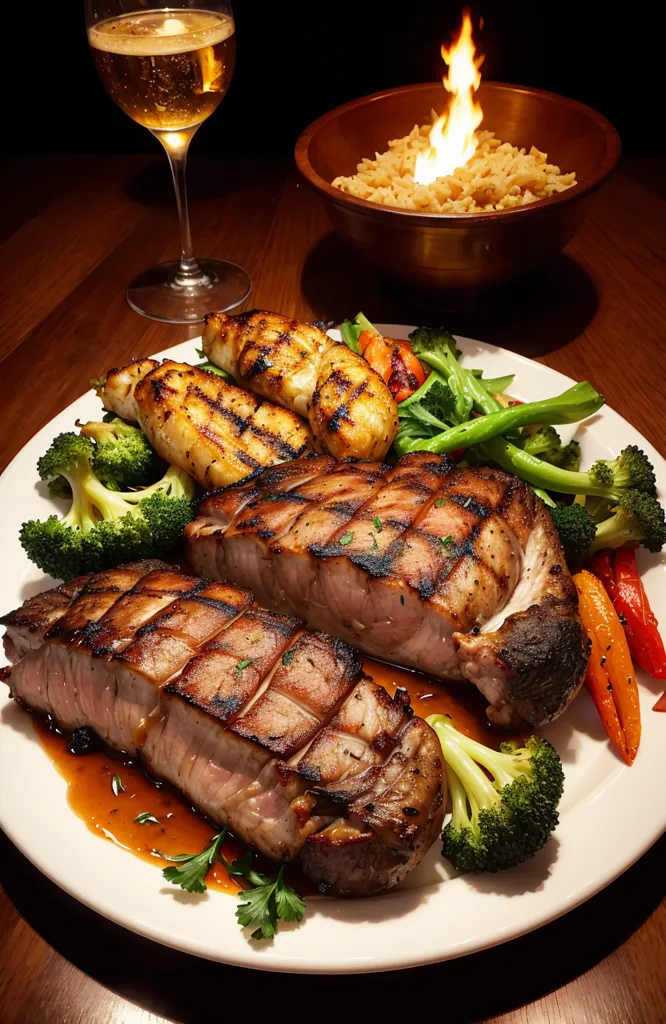 The image shows a plate of food on a wooden table. The plate has two pieces of grilled pork tenderloin, grilled asparagus, carrots, and broccoli. There is also a glass of champagne and a bowl of flaming rice. The food is arranged in a visually appealing way and is garnished with parsley. The background is out of focus and is dark.