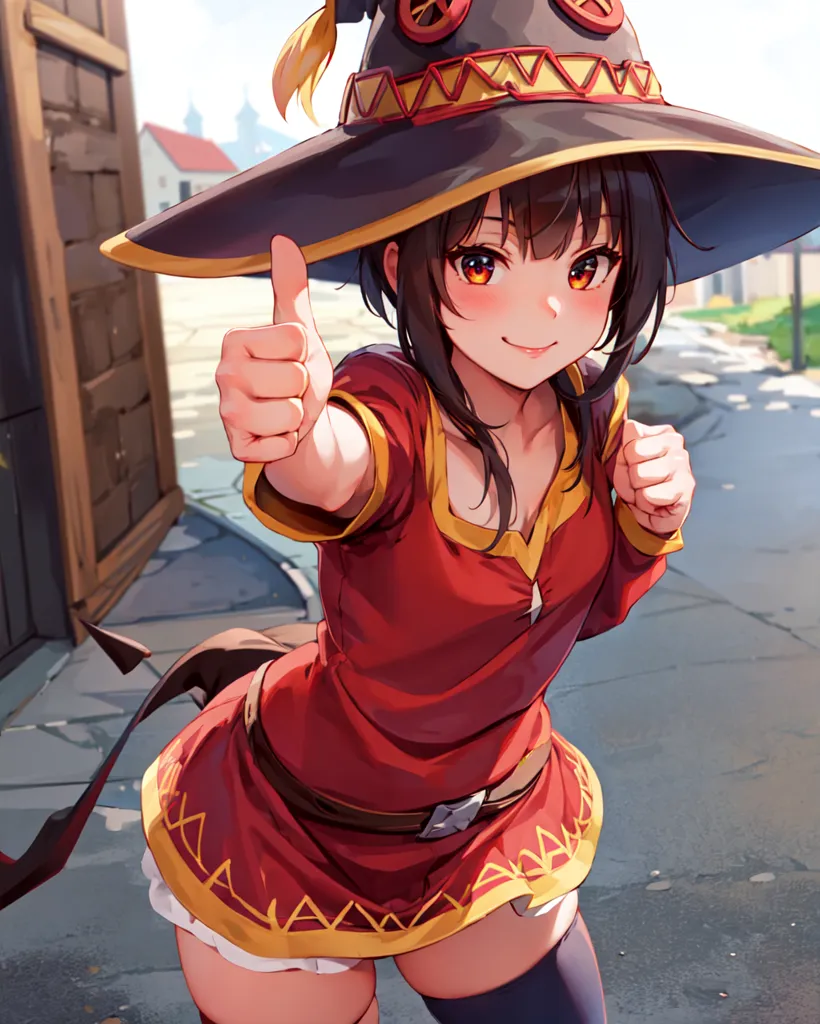 The image is of a young girl in an anime-style, wearing a red and white outfit with a large brown hat. She has brown hair and red eyes, and is giving a thumbs-up with a bright smile on her face. The background is of a street with buildings and a blue sky.