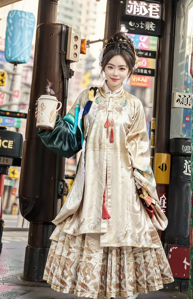 The image shows a young woman wearing a traditional Chinese dress, or Hanfu, standing in a modern city street. The dress is made of a beige fabric with intricate embroidery and has a long, flowing skirt. The woman is also wearing a number of traditional Chinese accessories, including a hairpiece, earrings, and a necklace. Her makeup is also very traditional, with a focus on natural beauty. The background of the image is a busy street with cars, buses, and people crossing the road. The image is a beautiful and modern take on traditional Chinese fashion.