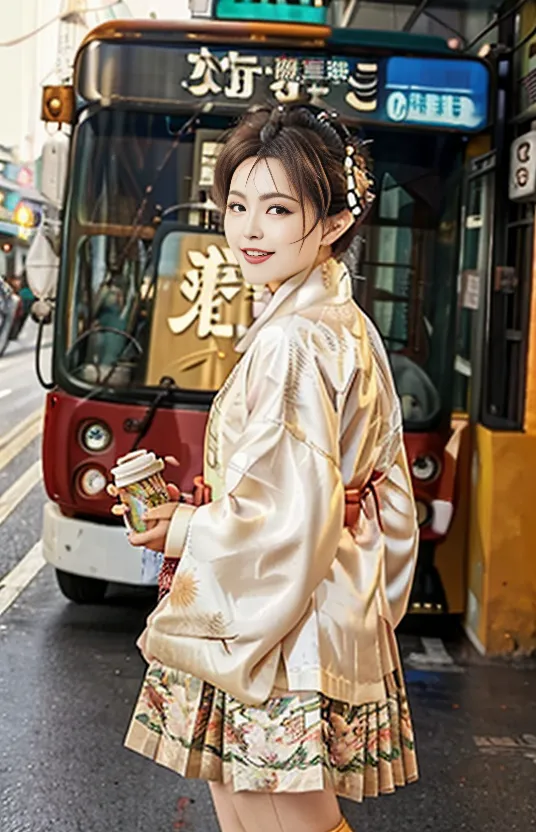 A imagem mostra uma jovem mulher usando um vestido estilo quimono com uma saia floral. O vestido é dourado e tem um obi branco amarrado na cintura. O cabelo da mulher está penteado de uma maneira tradicional chinesa, com um coque e grampos de cabelo. Ela está segurando uma xícara de café na mão direita. O fundo da imagem é uma rua movimentada com um ônibus e uma placa que diz "Xinjiekou".