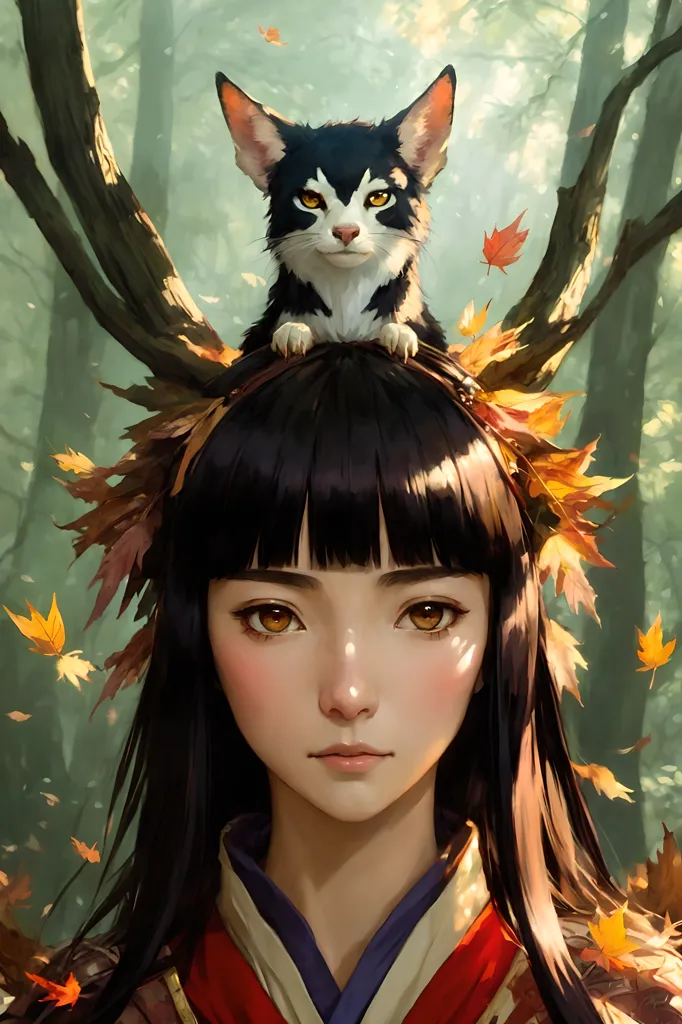 The image is a portrait of a young woman with long black hair and brown eyes. She is wearing a red and white kimono with a white obi. She has a black cat with white paws and a white belly sitting on her head. The cat is looking at the viewer with a curious expression. The woman is standing in a forest, and there are autumn leaves falling around her. The background is a blur of green and brown, with a few branches visible. The image has a soft, painterly look, and the colors are vibrant and saturated.