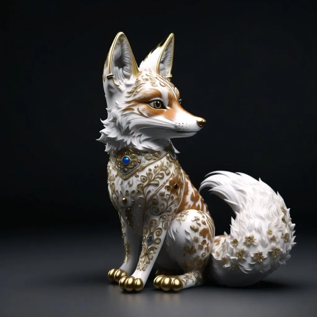 The image is a 3D rendering of a fox sitting on a dark grey background. The fox is mostly white, with some orange on its head and back, and has intricate gold and blue patterns on its body. The fox is looking to the right of the viewer.