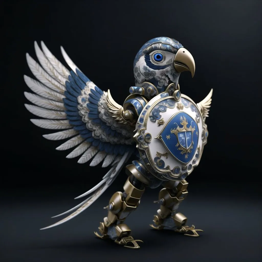 The image shows a mechanical bird with blue and white feathers. It has a golden beak and feet. The bird is wearing a suit of armor that is decorated with blue and white enamel. The armor has a shield on the front that is decorated with a crest. The bird is standing on a perch that is decorated with the same blue and white enamel. The background is black.