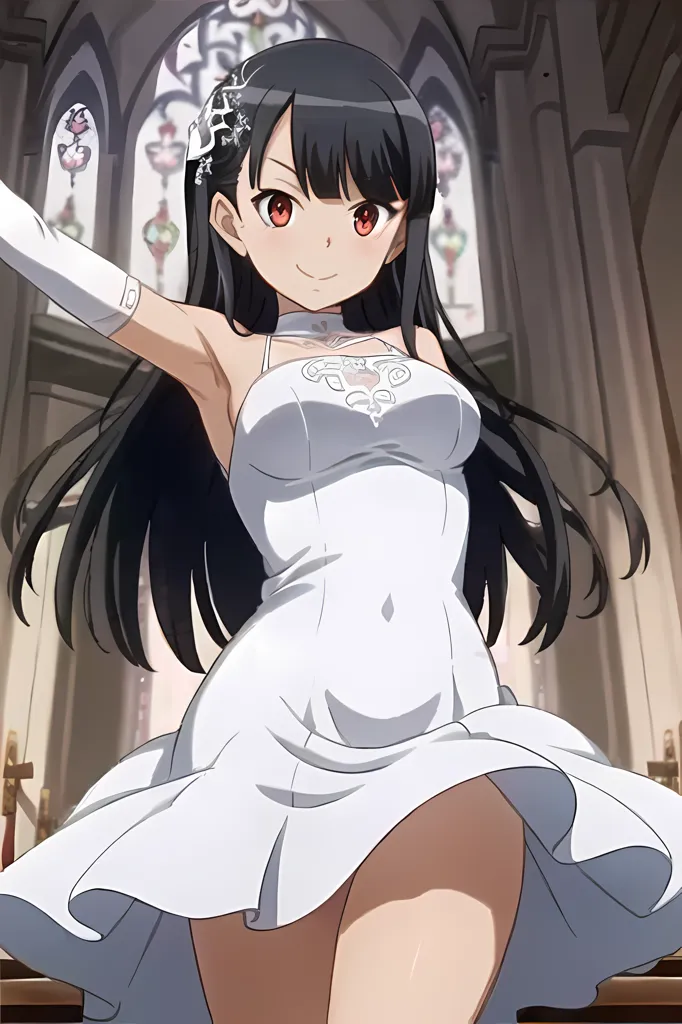 The picture shows a young woman, with long black hair and red eyes, wearing a white wedding dress. The dress is sleeveless, with a sweetheart neckline and a fitted bodice. The skirt is full and fluffy, with a scalloped hem. The woman is standing in a church, with a stained glass window in the background. She is smiling and has her arms raised in the air.