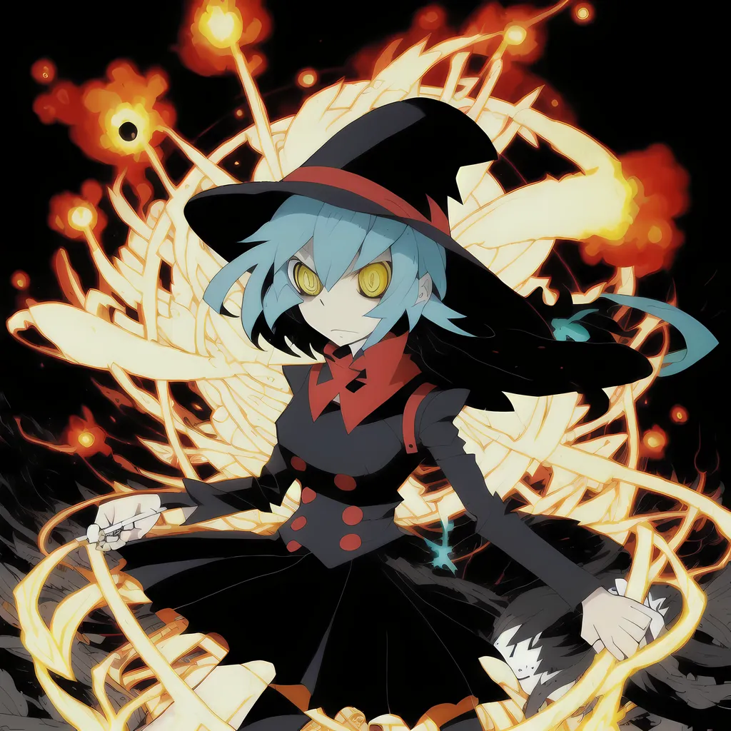 The image is of a young girl with blue hair and yellow eyes wearing a witch's hat and black dress with red trim. She is standing in front of a dark background with a large number of floating fireballs of various sizes. The girl is holding her arms out to the sides with a confident expression on her face.