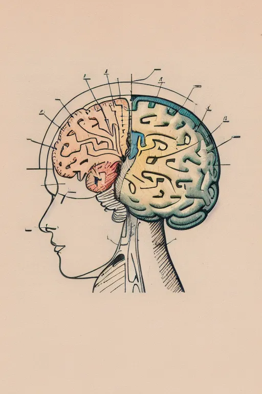 La imagen muestra un cerebro humano en un estilo vintage, similar a un plano. El cerebro está dividido en dos, con la mitad izquierda siendo una vista más realista y en sección transversal del cerebro, mientras que la mitad derecha es una representación más abstracta y similar a un laberinto. El cerebro está rodeado por una serie de líneas y números, que pueden representar medidas o coordenadas.