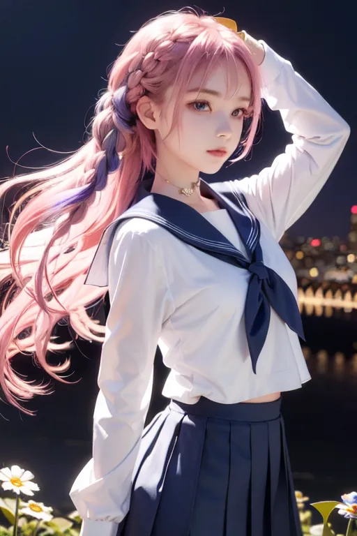 The image shows a young woman with pink hair and blue eyes. She is wearing a white shirt with a blue collar and a blue skirt. She is also wearing a necklace and a bracelet. Her hair is long and flowing, and she has a gentle smile on her face. She is standing in a field of flowers, and there is a city in the background.