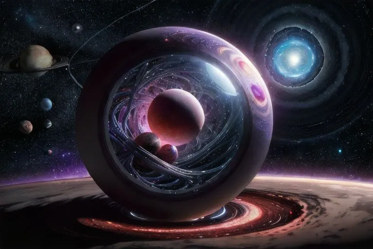 The image is set in a vast and colorful universe, with a large, glowing sphere at the center. Inside the sphere, there are several planets and moons, each with its own unique features. The sphere is surrounded by a swirling vortex of energy, and there are stars and galaxies in the background. The overall effect is one of awe and wonder, as the image captures the beauty and mystery of the universe.