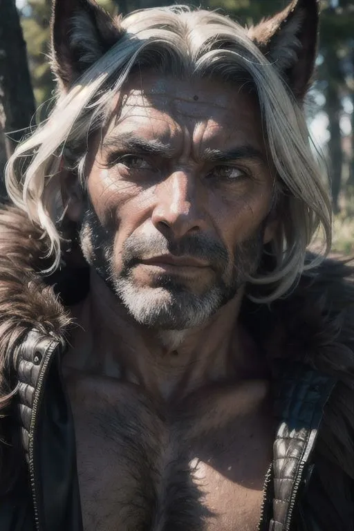 This image shows a man with wolf ears and grey hair. He is wearing a black leather jacket with fur trim. He has a beard and a mustache. His eyes are yellow and he has a scar on his left cheek. He is standing in a forest and looks like he is about to attack.