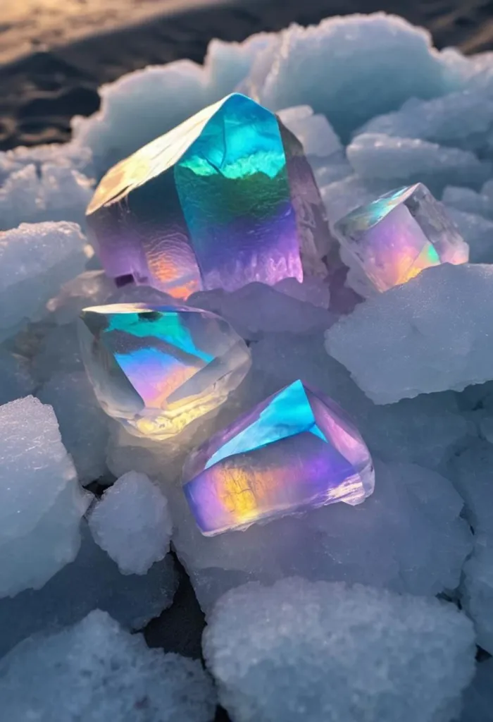 The image shows several large rough chunks of a rainbow-colored mineral. The mineral is mostly white but has rainbow-colored flecks throughout. The chunks are sitting on a bed of smaller chunks of the same mineral. The background is out of focus and looks like a beach.