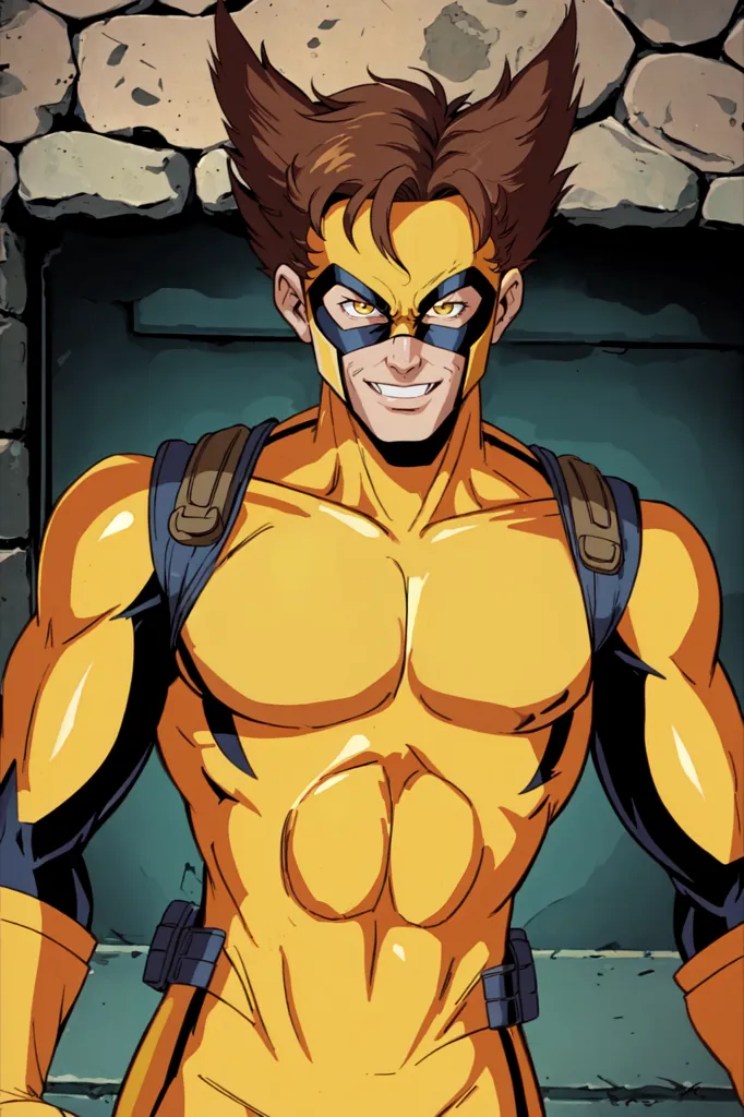 The image shows a superhero. He is wearing a yellow and blue costume. He has a mask on his face and his hair is brown. He is smiling.