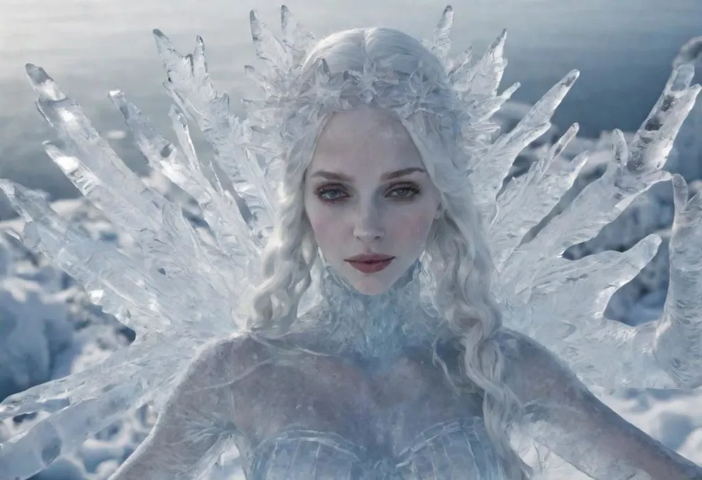 This is an image of the Snow Queen. She is a fictional character who appears in the story "The Snow Queen" by Hans Christian Andersen. She is described as being beautiful, but with a cold and cruel heart. She lives in a palace made of ice and snow, and she has the power to freeze people with her touch. She is often depicted as wearing a white dress and a crown made of ice.