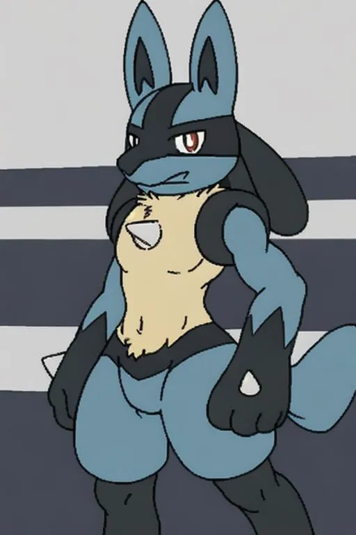 The image is of a muscular anthropomorphic Lucario, a bipedal canine-like Pokémon. It is standing with its feet shoulder-width apart, its arms at its sides. It is wearing a pair of black and blue shorts. Its fur is blue and black, and its eyes are red. It has a confident expression on its face