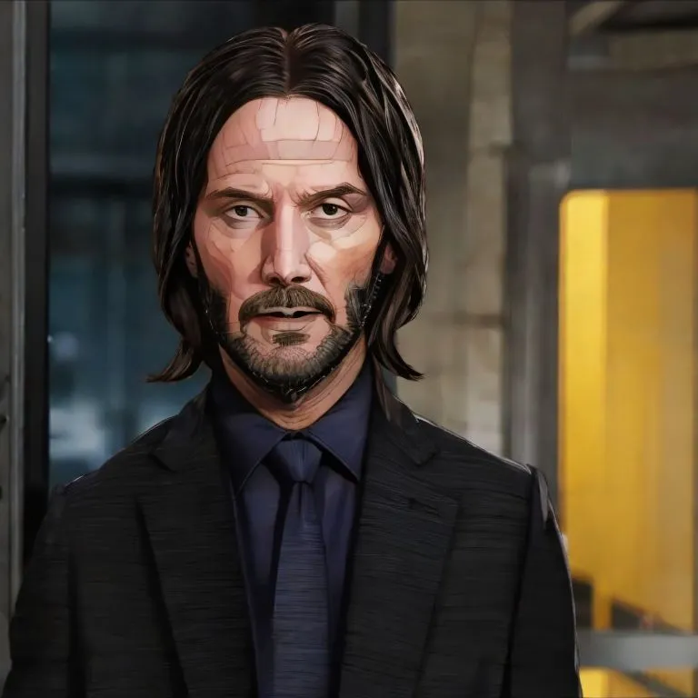 This is a picture of Keanu Reeves, a Canadian actor. He is known for his roles in movies such as The Matrix, John Wick, and Speed. In this picture, he is wearing a black suit and tie. He has a beard and his hair is long and dark. He is looking at the viewer with a serious expression.