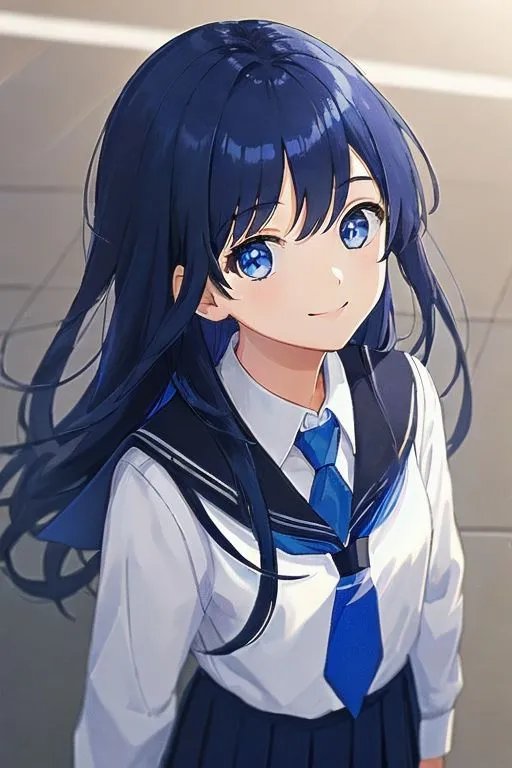 This is an image of a young girl with long blue hair and blue eyes. She is wearing a white shirt with a blue tie and a blue skirt. She has a gentle smile on her face.