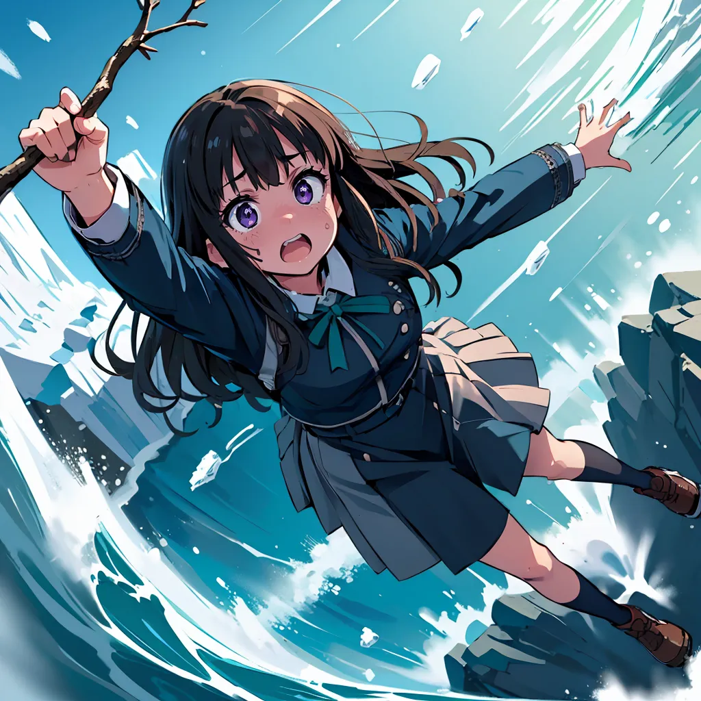 A young girl in a school uniform is falling from a cliff. She has a branch in her hand and is reaching out for help. Her expression is one of fear and desperation. The background is a blur of water and rocks. The image is in an anime style.