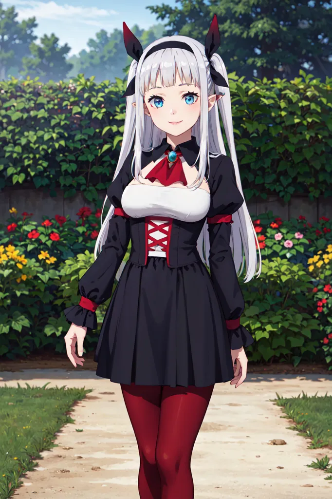 This is an image of a young girl with long white hair and blue eyes. She is wearing a black and red dress with a white bow on the chest. She also has red stockings and black shoes. She is standing in a garden with green grass and flowers. There is a stone path in the garden. The girl has a happy expression on her face and she seems to be enjoying the day.